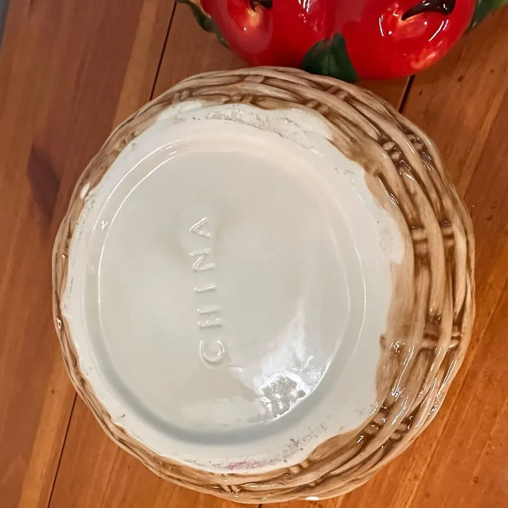 Vintage Ceramic Apple Basket Cookie Jar 1980s Hand Painted Fruit Canister Farmho